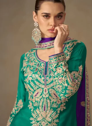 Rama Chinon Embroidered, Mirror, Sequins and Zari Work Readymade Salwar Suit