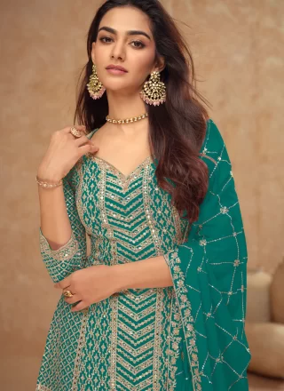 Rama Chinon Embroidered, Sequins and Zari Work Readymade Salwar Suit for Ceremonial