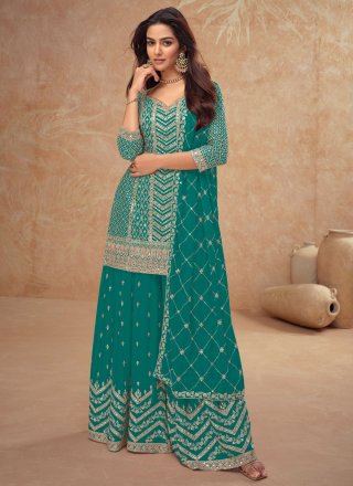 Rama Chinon Embroidered, Sequins and Zari Work Readymade Salwar Suit for Ceremonial