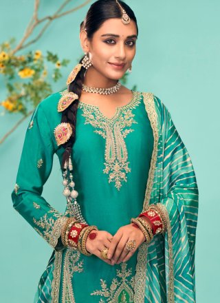 Rama Chinon Salwar Suit with Embroidered and Zari Work