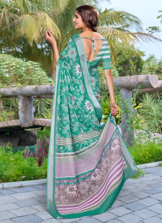 Rama Cotton Classic Sari with Patch Border and Digital Print Work for Women