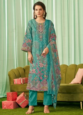Rama Cotton Lawn Pant Style Suit with Digital Print, Embroidered and Resham Thread Work