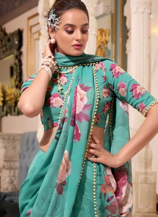 Rama Georgette Patch Border, Lace, Pearls and Print Work Traditional Saree for Casual