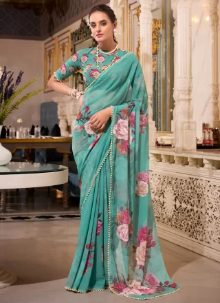 Rama Georgette Patch Border, Lace, Pearls and Print Work Traditional Saree for Casual