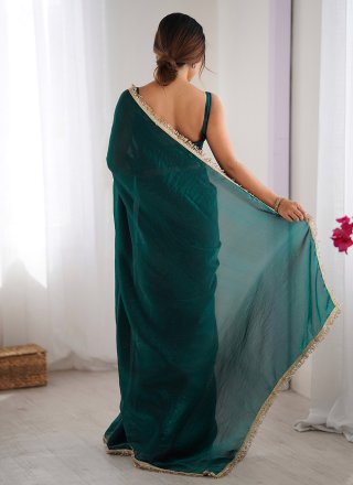 Rama Satin Contemporary Saree with Patch Border, Lace and Sequins Work