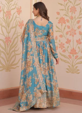 Rama Silk Digital Print, Embroidered, Sequins and Zari Work  Designer Gown