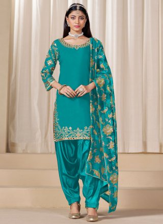Rama Silk Embroidered, Mirror and Zari Work Salwar Suit for Ceremonial