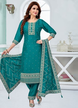 Rama Silk Embroidered Work Salwar Suit