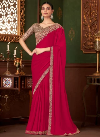 Rani and Red Chiffon Traditional Saree with Patch Border, Embroidered, Sequins and Zari Work