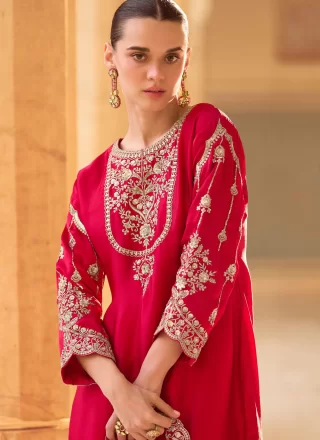 Rani and Red Crepe Silk Salwar Suit with Embroidered, Sequins and Zari Work