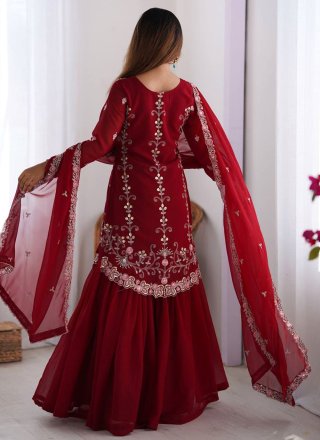 Rani and Red Faux Georgette Embroidered, Sequins and Zari Work Readymade Style for Ceremonial