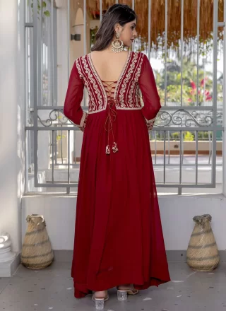 Rani and Red Faux Georgette Gown with Embroidered and Zari Work
