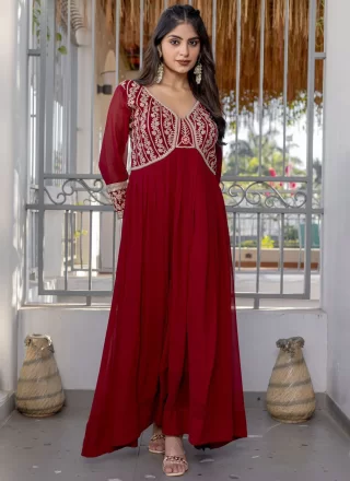 Rani and Red Faux Georgette Gown with Embroidered and Zari Work