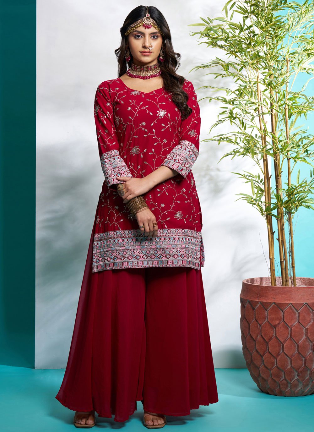 Rani and Red Faux Georgette Readymade Salwar Suit