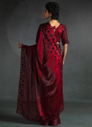 Rani and Red Satin Silk Contemporary Sari with Cut Dana, Cut, Sequins and Thread Work