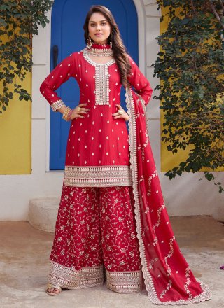 Rani and Red Silk Embroidered, Sequins and Zari Work Salwar Suit for Engagement