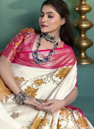 Rani and White Silk Designer Sari with Fancy and Print Work