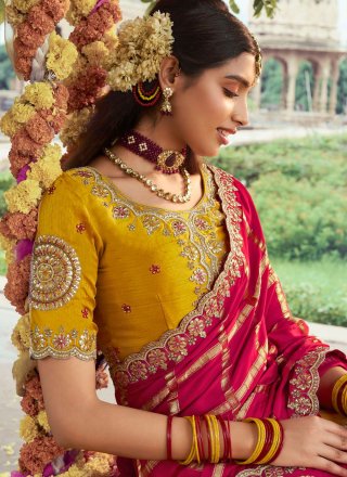 Rani and Yellow Silk Cut, Embroidered, Stone, Woven and Zari Work Classic Sari