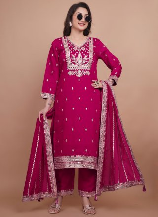 Rani Chanderi Silk Embroidered and Zari Work Straight Salwar Suit for Ceremonial