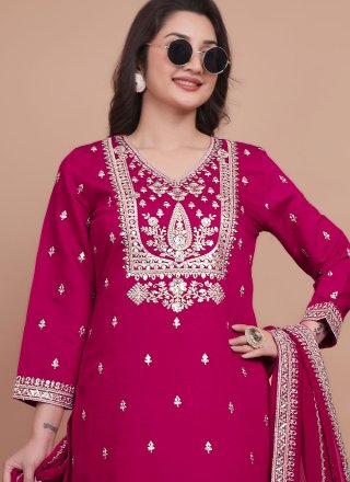 Rani Chanderi Silk Embroidered and Zari Work Straight Salwar Suit for Ceremonial