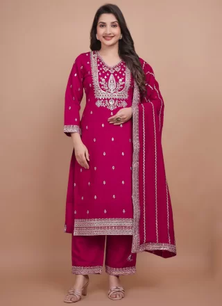 Rani Chanderi Silk Embroidered and Zari Work Straight Salwar Suit for Ceremonial