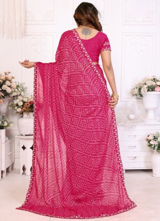 Rani Chiffon Bandhej, Lace and Print Work Designer Saree