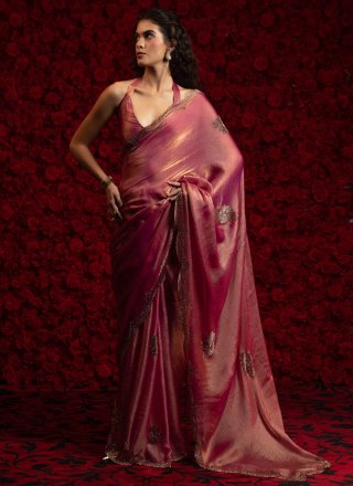 Rani Chiffon Satin Cut and Zircon Work Contemporary Saree