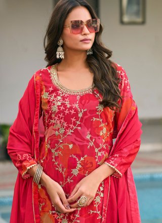 Rani Chinon Abstract Print, Embroidered, Fancy and Zari Work Salwar Suit for Festival