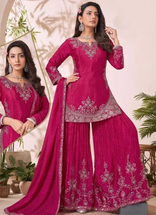 Rani Chinon Cut Dana, Embroidered and Thread Work Readymade Salwar Suit for Festival