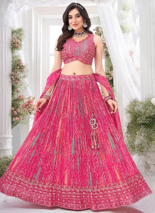 Rani Chinon Readymade Lehenga Choli with Embroidered, Print and Zari Work