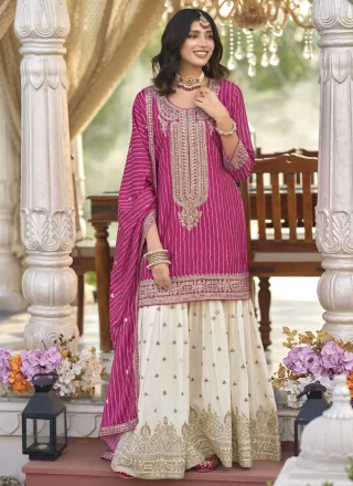 Rani Chinon Readymade Salwar Suit with Digital Print, Embroidered, Sequins and Zari Work