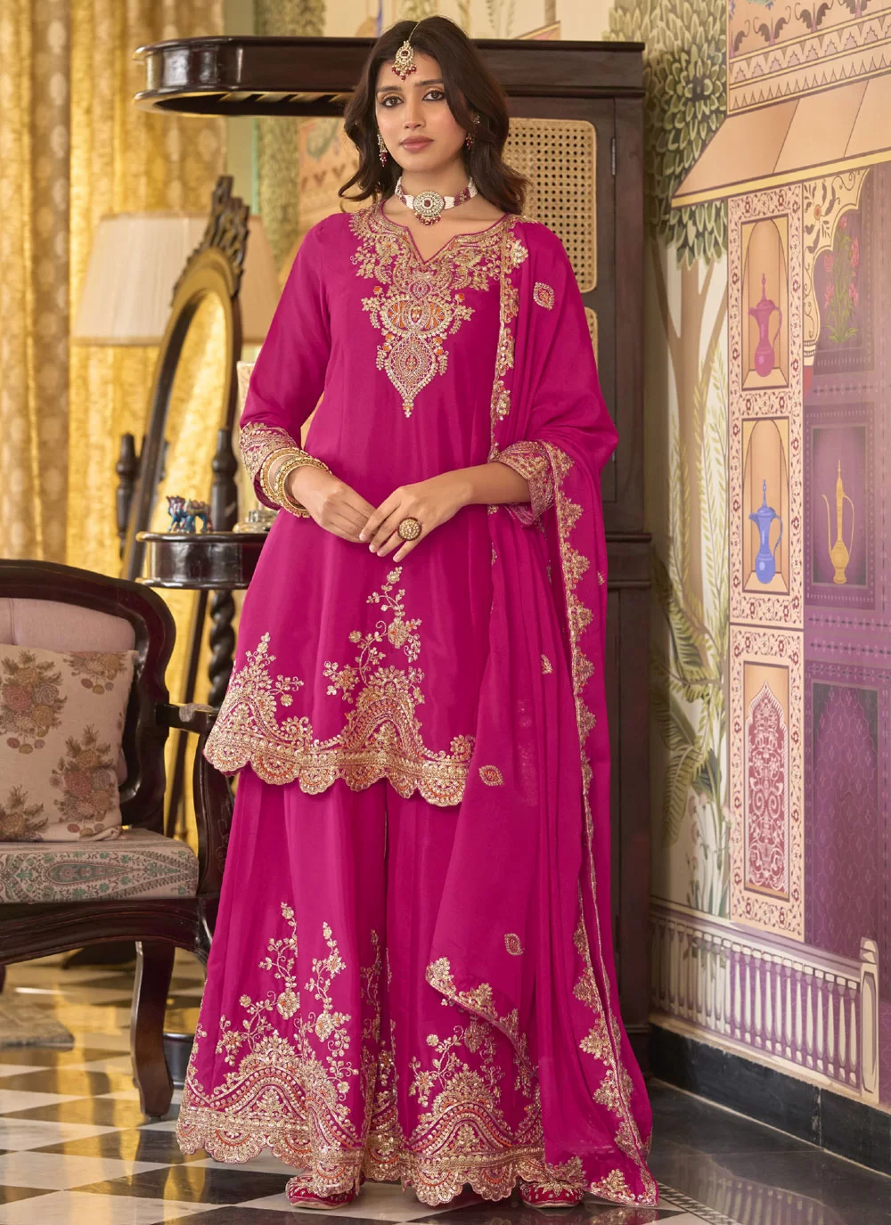 Shop Online Rani Chinon Readymade Salwar Suit with Embroidered and