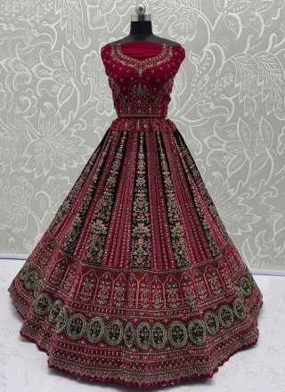 Rani Diamond, Dori, Embroidered, Fancy, Hand, Mirror, Sequins and Zari Work Velvet A - Line Lehenga Choli
