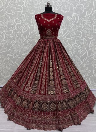 Rani Diamond, Dori, Fancy, Floral Patch, Hand, Mirror and Zari Work Velvet A - Line Lehenga Choli