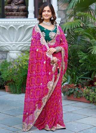 Rani Fancy Fabric Embroidered, Foil Print, Lace and Zari Work Bandhej Saree