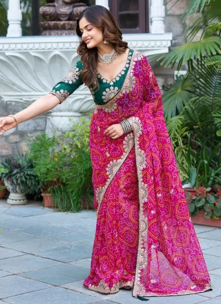 Rani Fancy Fabric Embroidered, Foil Print, Lace and Zari Work Bandhej Saree