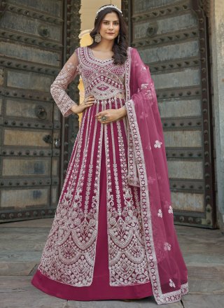 Rani Net Embroidered and Stone Work Lehenga Choli for Engagement