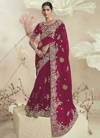 Rani Organza Cord, Cut, Embroidered, Sequins and Zari Work Designer Saree for Ceremonial