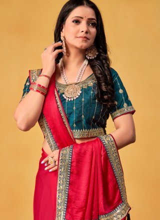 Rani Rangoli Contemporary Sari with Patch Border, Crystals, Embroidered and Swarovski Work for Ceremonial