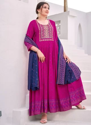 Rani Rayon Gown with Embroidered and Foil Print Work for Casual