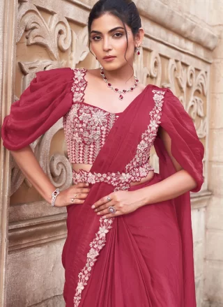 Rani Satin Silk Classic Sari with Embroidered, Fancy, Moti and Thread Work