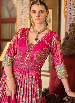 Rani Silk Embroidered, Foil Print, Mirror, Thread and Zari Work Gown for Women
