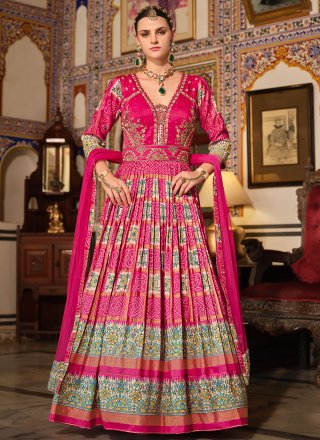 Rani Silk Embroidered, Foil Print, Mirror, Thread and Zari Work Gown for Women