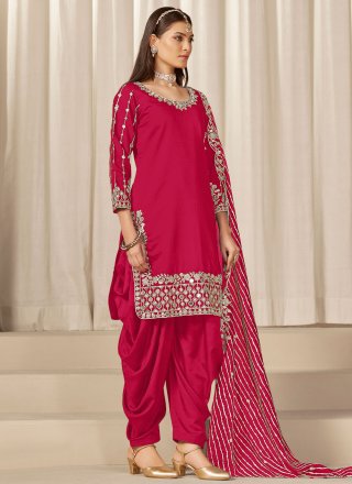 Rani Silk Punjabi Salwar Suit with Mirror, Sequins, Thread and Zari Work
