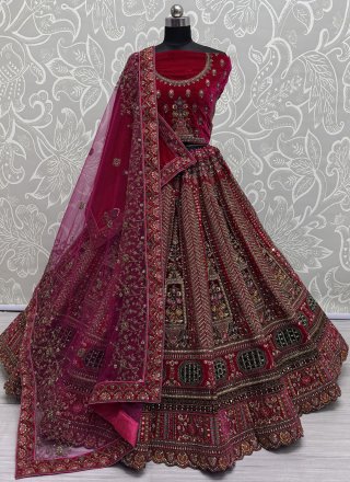 Rani Velvet Lehenga Choli with Diamond, Dori, Embroidered, Mirror, Multi, Sequins, Thread and Velvet Patch Work