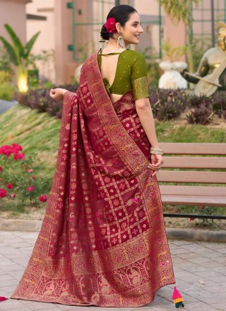 Ravishing Maroon and Rani Silk Trendy Saree with Fancy and Woven Work