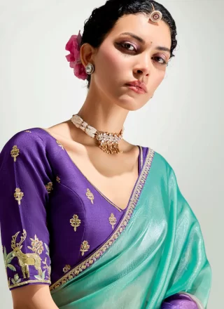 Ravishing Multi Colour Organza Shaded Saree with Patch Border, Embroidered and Zari Work
