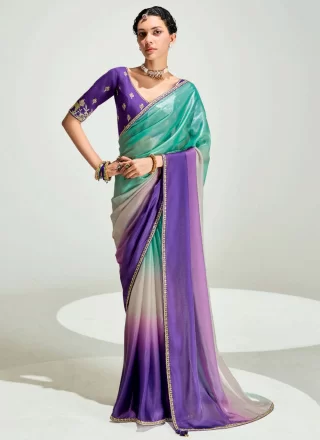 Ravishing Multi Colour Organza Shaded Saree with Patch Border, Embroidered and Zari Work