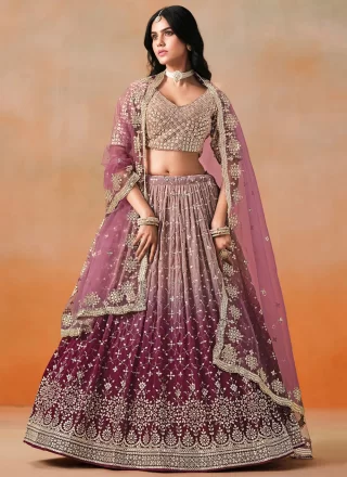 Ravishing Purple Georgette A - Line Lehenga Choli with Embroidered, Sequins and Zari Work