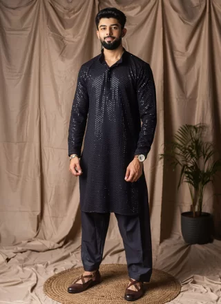 Rayon Kurta Pyjama In Black Color